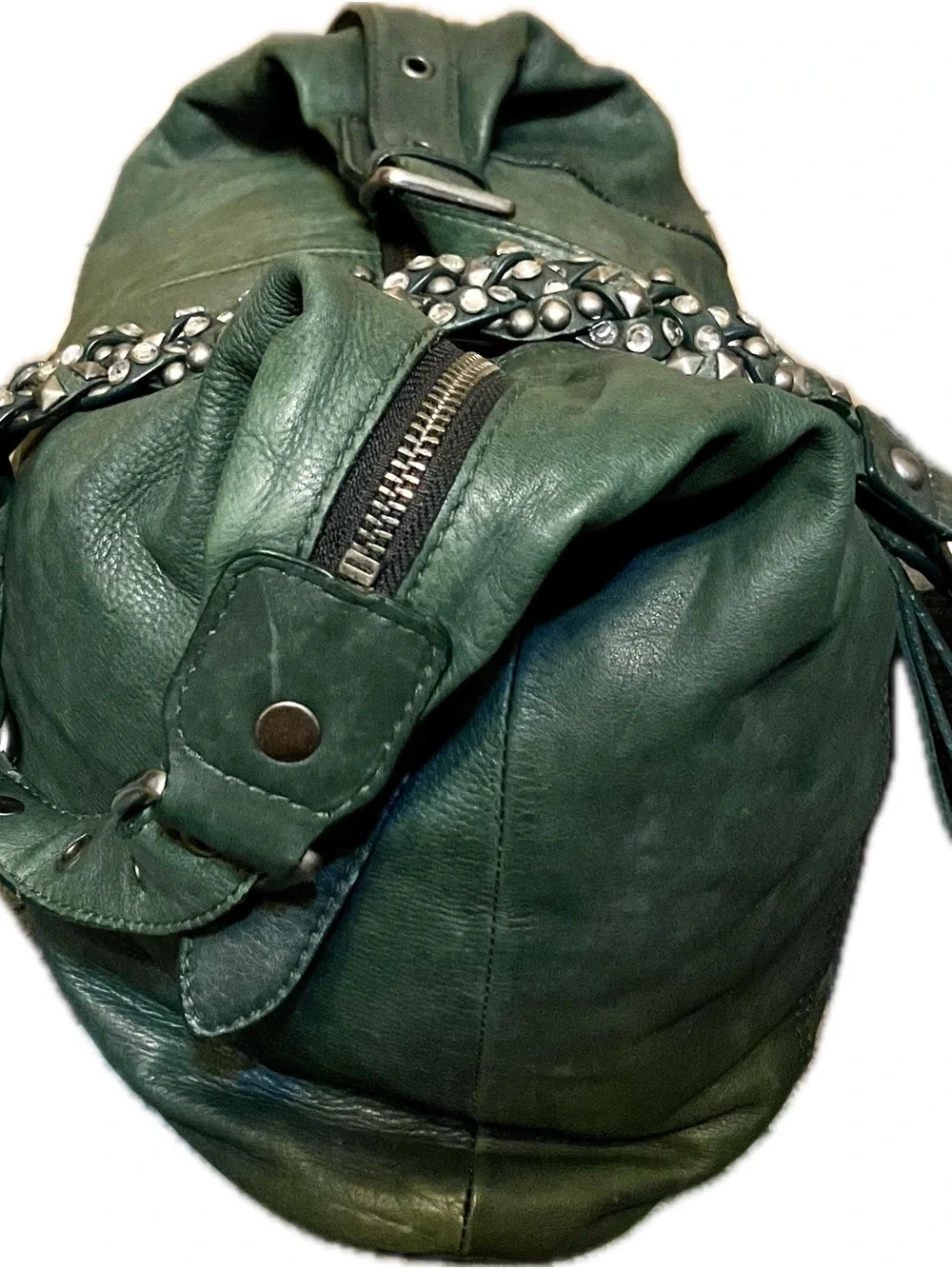 Ash Green Leather Satchel with Studded Chain Detail
